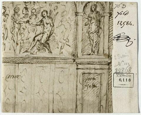Fragment de décoration avec fragment d'une scène avec 'Le Jugement de Parîs' et une figure dans une niche sur un socle