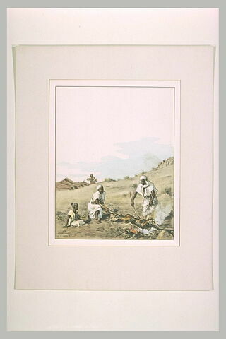 Deux arabes faisant rôtir un mouton à la broche, image 1/1