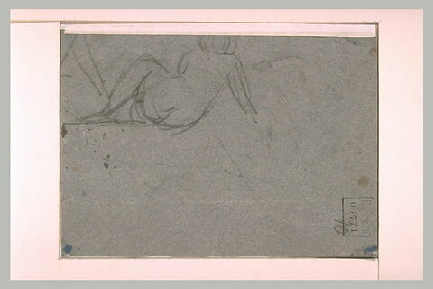 Croquis d'une femme nue, assise sur le sol, vue de dos
