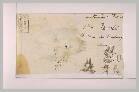 Croquis de chapeaux, d'un homme et annotations manuscrites, image 1/1