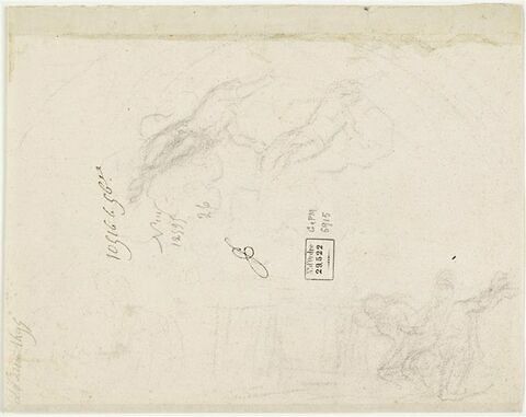 Deux croquis d'une figure volante. Croquis de deux figures à genoux