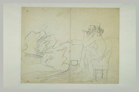 Croquis caricatural d'un personnage fumant la pipe, et peignant