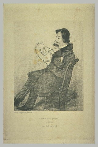 Portrait charge de Champfleury assis sur une chaise, de profil à gauche