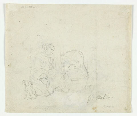 Une femme assise balançant un berceau et un petit chien