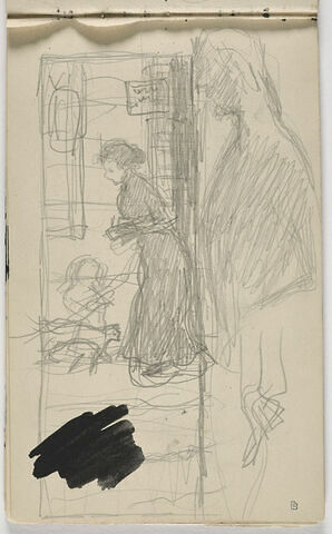 Esquisse avec une femme debout devant un chat et un enfant ; silhouette, image 1/2