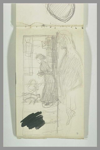 Esquisse avec une femme debout devant un chat et un enfant ; silhouette, image 2/2