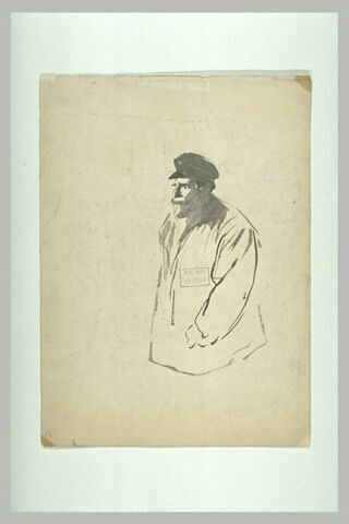 Homme debout, portant casquette et blouse, image 1/1