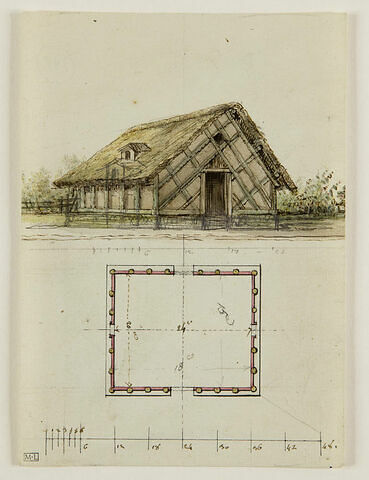 Projet de chaumière : élévation perspective et plan, image 1/1