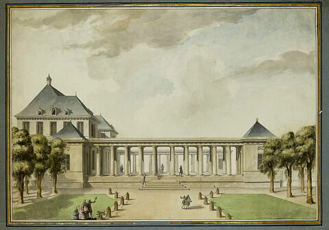 Projet d'hôtel avec cour entourée de portiques : élévation perspective, image 1/1