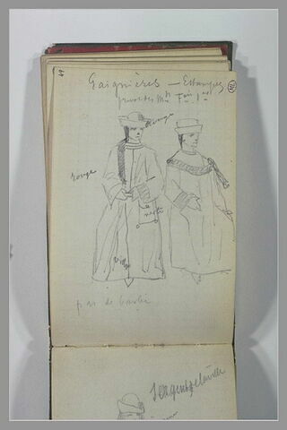Deux figures debout et indications manuscrites 