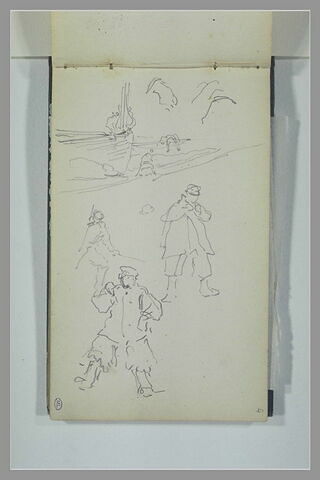 Proue d'une embarcation sur la grève ; études de pêcheurs, image 1/1