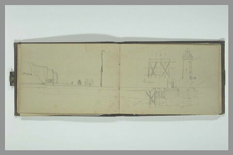 Plage au pied d'une falaise avec un mât et deux cabanes, image 2/2