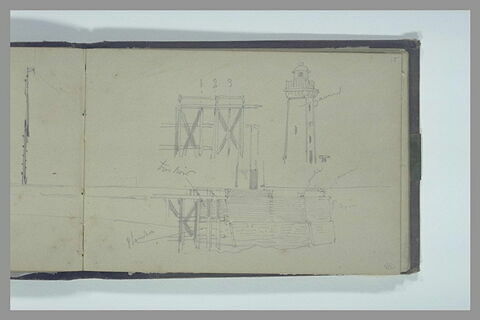 Phare au bout d'une digue ; détails du ponton en charpente et de la tour, image 1/2