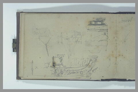Yacht vu par la poupe ; détail du château arrière, et de deux autres motifs, image 1/1
