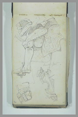 Etude d'armure : jambe du chevalier, tétière et muselière du cheval, image 1/1