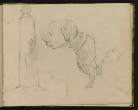 Caricature, homme avec une tête de chien et colonne, image 1/2