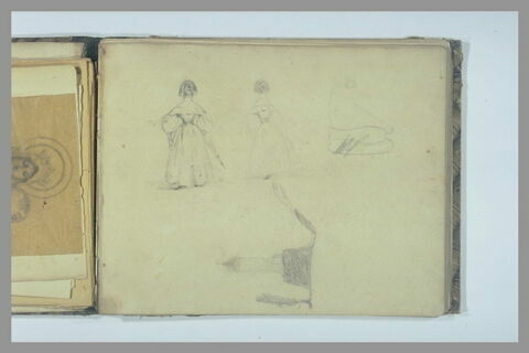 Deux études de jeunes femmes, vues de dos ; tour et arbre ; croquis, image 2/2