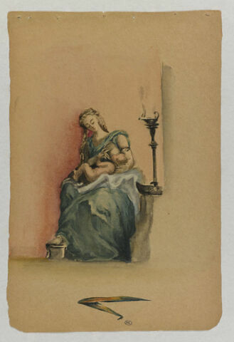 Femme allaitant un enfant et notes manuscrites en bas, image 1/2