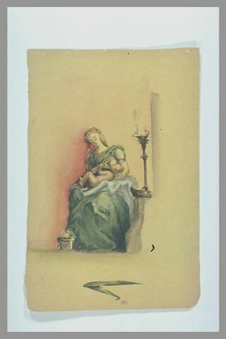 Femme allaitant un enfant et notes manuscrites en bas, image 2/2