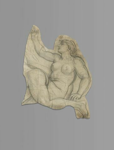 Femme nue, assise, le bras droit levé ; jambe gauche d'une autre figure, image 1/3