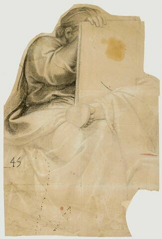 Femme drapée assise, le visage caché par un parchemin ou un livre
