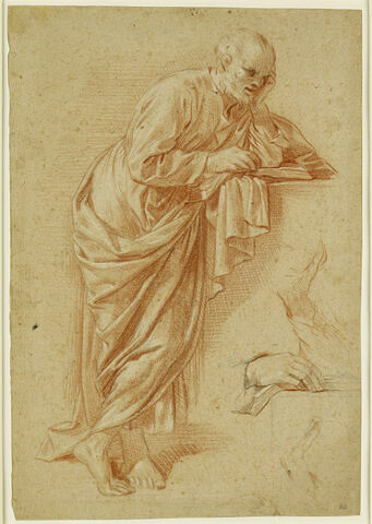 Homme debout et s'appuyant sur un livre ouvert, image 1/1