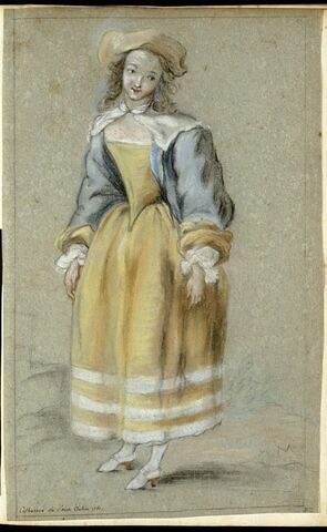 Jeune fille coiffée d'un chapeau, vue en pied, les bras le long des hanches