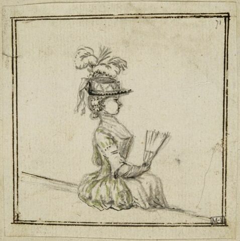 Jeune femme assise, de profil à droite, tenant un éventail, image 1/1