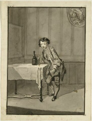 Jeune garçon tenant de la main droite une bouteille posée sur une table, image 1/1