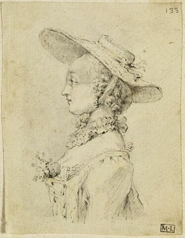 Portrait de femme en buste portant chapeau, vue de profil à gauche