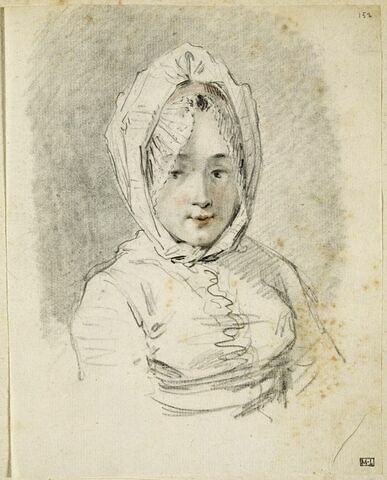 Portrait de femme en buste, de face, coiffée d'un bonnet