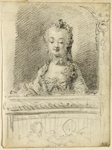 Portrait de femme en buste, de face, dans un encadrement