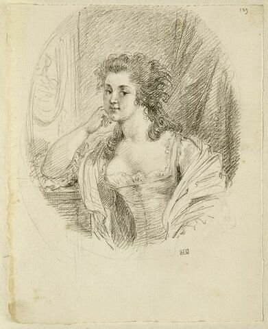 Jeune femme en buste, de face, accoudée, dans un ovale, image 1/1
