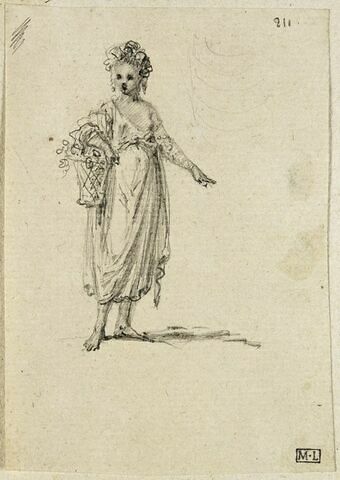 Femme en pied tenant un panier de fleurs, image 1/1