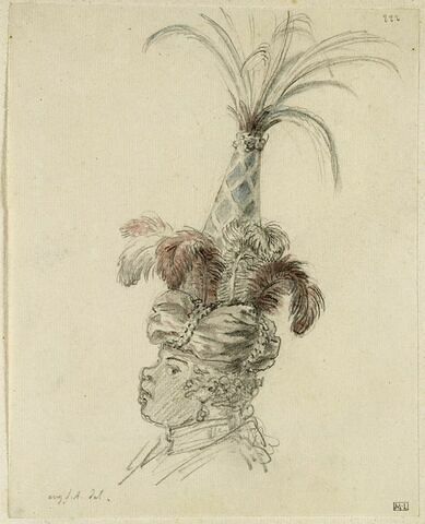 Tête d'homme noir coiffé d'un turban à plumes