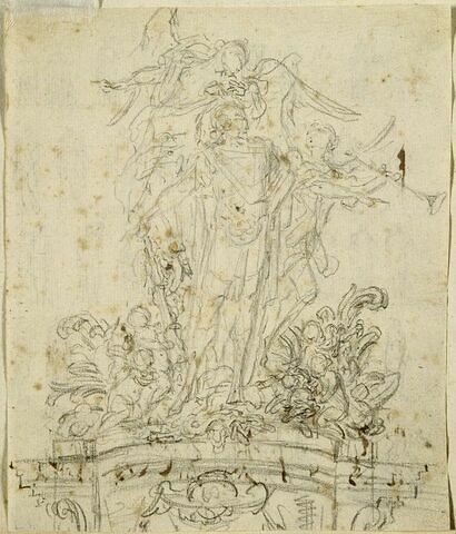 Statue d'un souverain vêtu à l'antique avec une Victoire et une Renommée