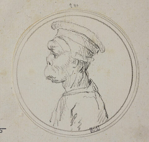 Caricature d'homme en buste, coiffé d'un bonnet plat, de profil à gauche, image 1/3