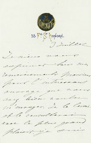 3 juillet (1873), Paris, de la baronne N. de Rothschild à Adolphe Moreau