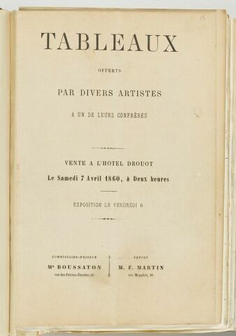 Catalogue de vente, Hôtel Drouot, 7 avril 1860, image 1/2