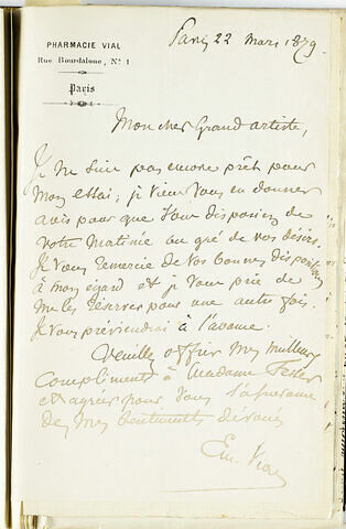 22 mars 1879, Paris, de M. Vial à Jongkind, image 1/1