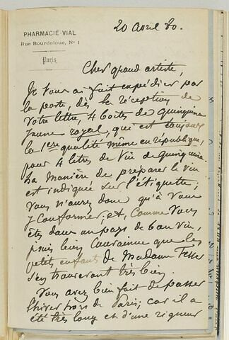 20 avril 1880, Paris, de M. Vial à Jongkind, image 1/3