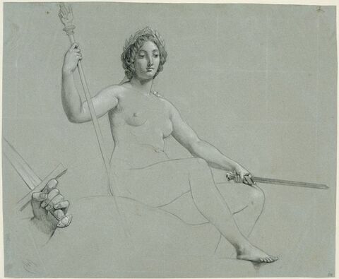 Figure nue, assise, de trois quarts à gauche, tenant une épée