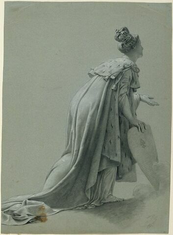 Femme de dos vêtue d'un long manteau, couronnée, s'appuyant sur un bouclier