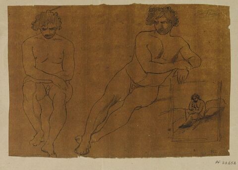 Deux études d'hommes nus assis, et une étude d'homme dans un cadre