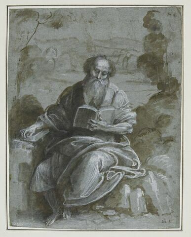 Un Evangéliste assis dans un paysage boisé