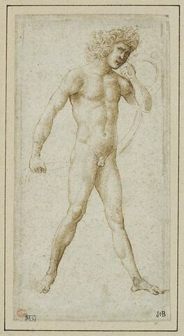 Jeune homme nu, vu de trois quarts vers la droite, le bras gauche replié vers son visage, le bras droit tendu vers l'arrière, la main tenant une bande de tissu