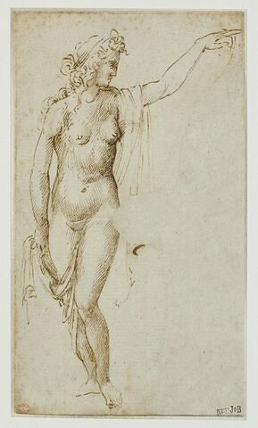 Femme nue vue de face avec un drap sur une épaule, la tête de profil vers sa gauche, le bras gauche levé, le bras droit le long du corps, image 1/1