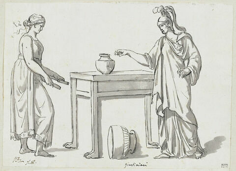 Une femme tenant deux rouleaux, et Minerve debout devant une table