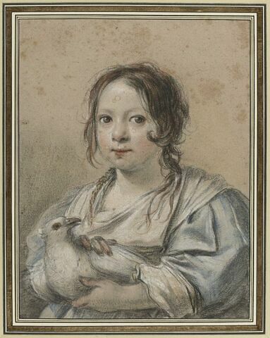 Portrait d'Angélique Vouet vue à mi corps de face tenant une colombe entre ses mains