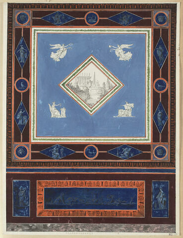 Projet de décor de boiserie avec paysage de ruines dans un losange sur fond bleu, orné de quatre figures féminines dont deux volant tenant des couronnes. Soubassement avec grand panneau rectangulaire orné de félins de part et d'autre d'un vase antique, image 1/1